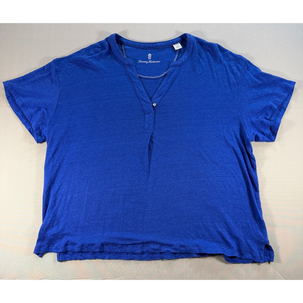 Tommy Bahama Womens XL Royal Blue Linen Blend Split Neck Short Sleeve Top